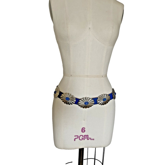 VTG Rare 33" 80s ACCESSOCRAFT NYC Glass Cab 5 Concho Buckle Blue Leather Belt - Picture 13 of 16